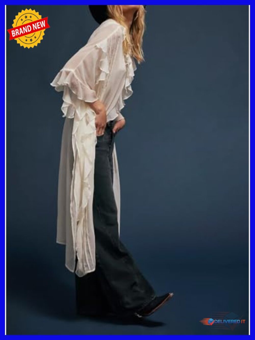 Sheer Flowy Kimono Cardigan Ruffle Front Button Down Longline Layering Top - Picture 4 of 4